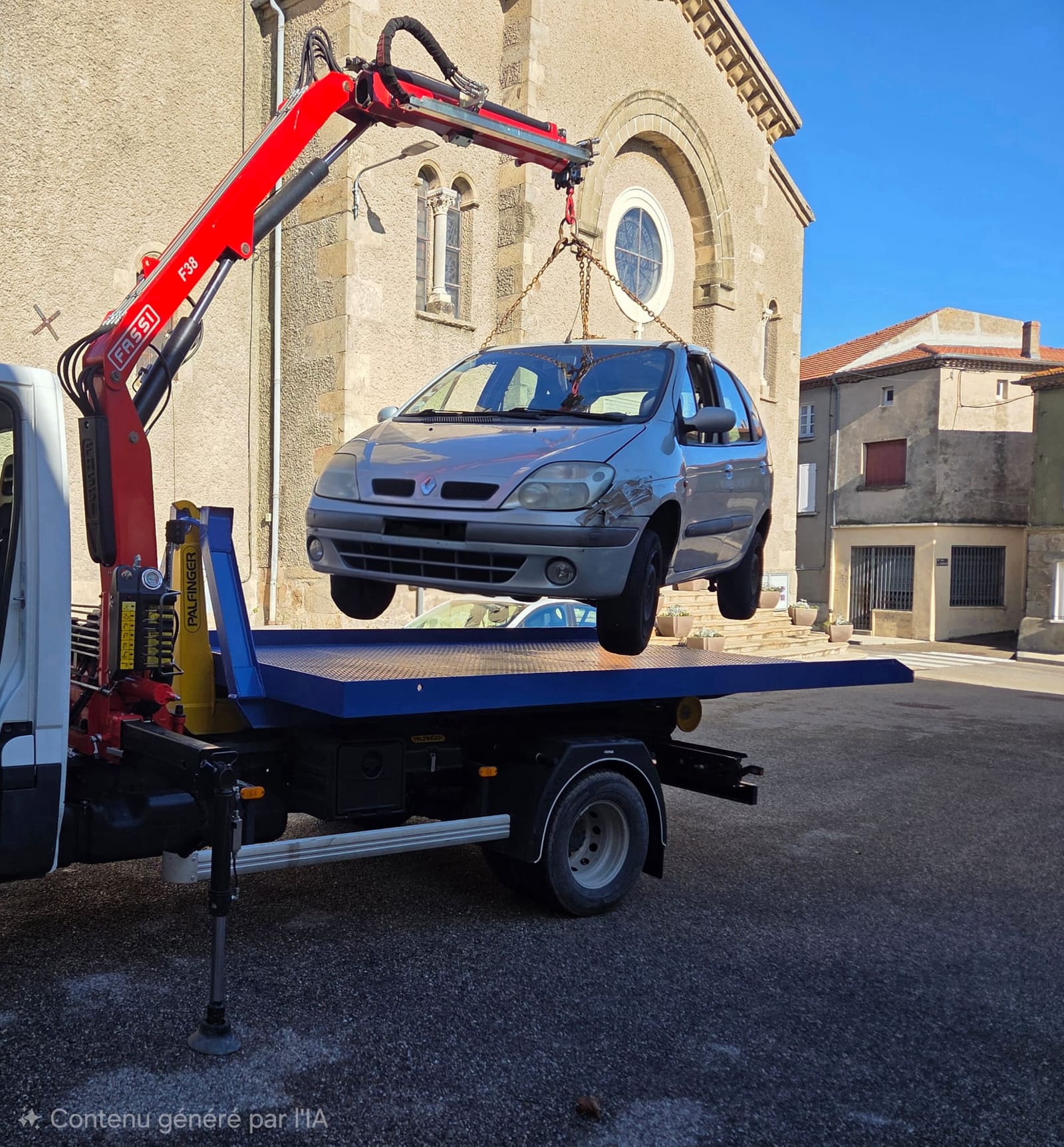 Dépannage avec grue auxiliaire - véhicule soulevé par Épaviste Perrin.